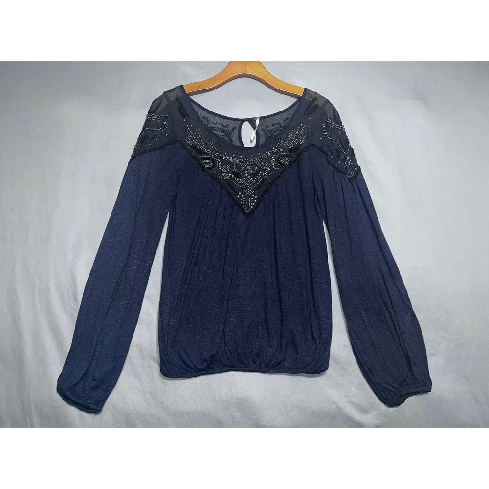 Free People Navy Blue Beaded Sequin Mesh Yoke Long Sleeve Flowy Blouse XS Boho